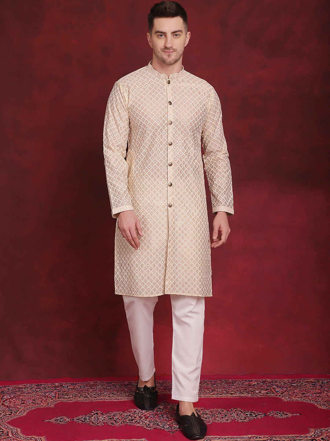 Men's Sequin Chikankari Front Open Kurta With Pyjamas - Taantav