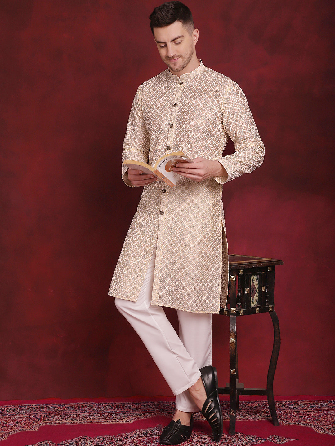 Men's Sequin Chikankari Front Open Kurta With Pyjamas - Taantav