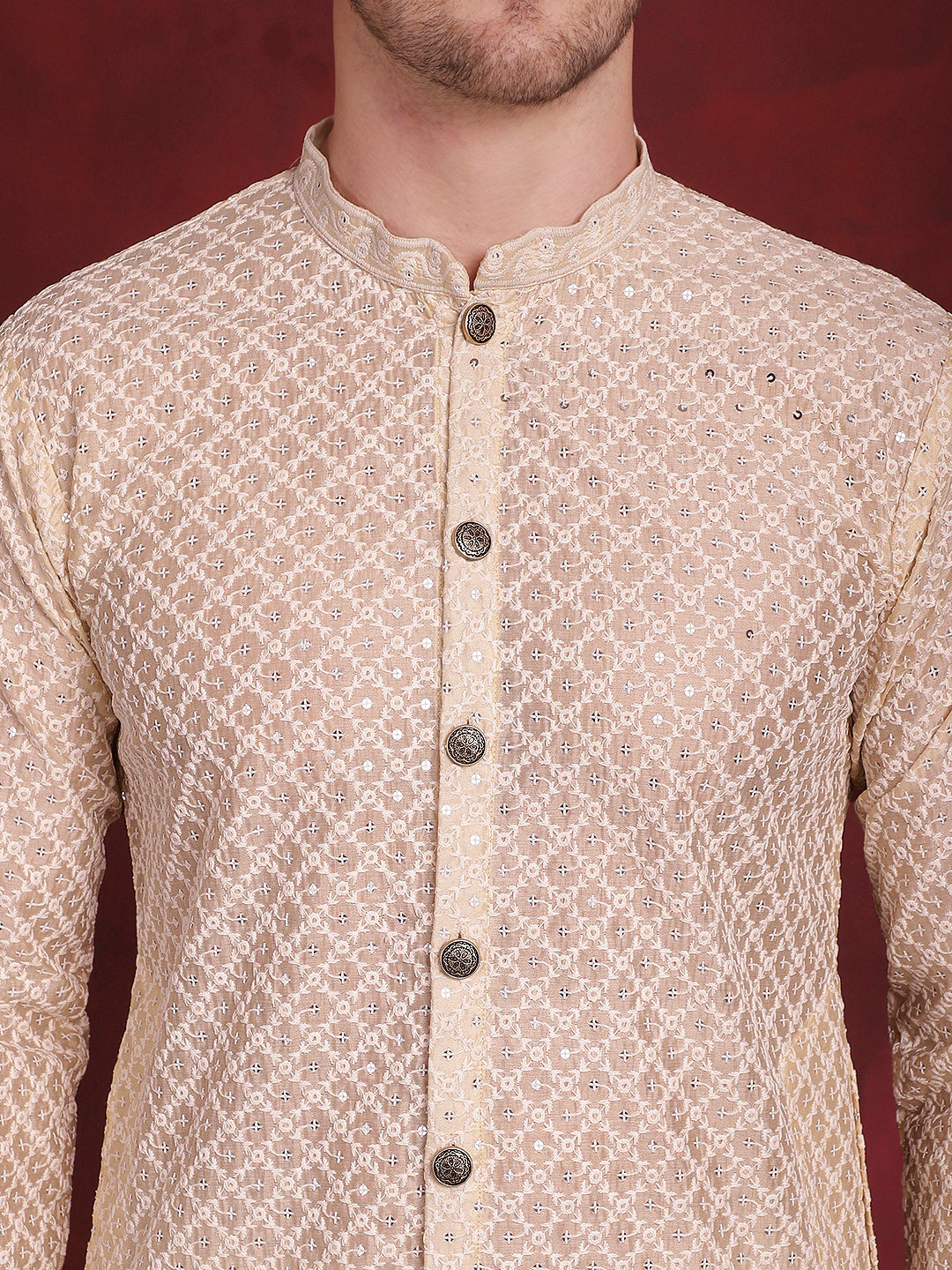 Men's Sequin Chikankari Front Open Kurta With Pyjamas - Taantav