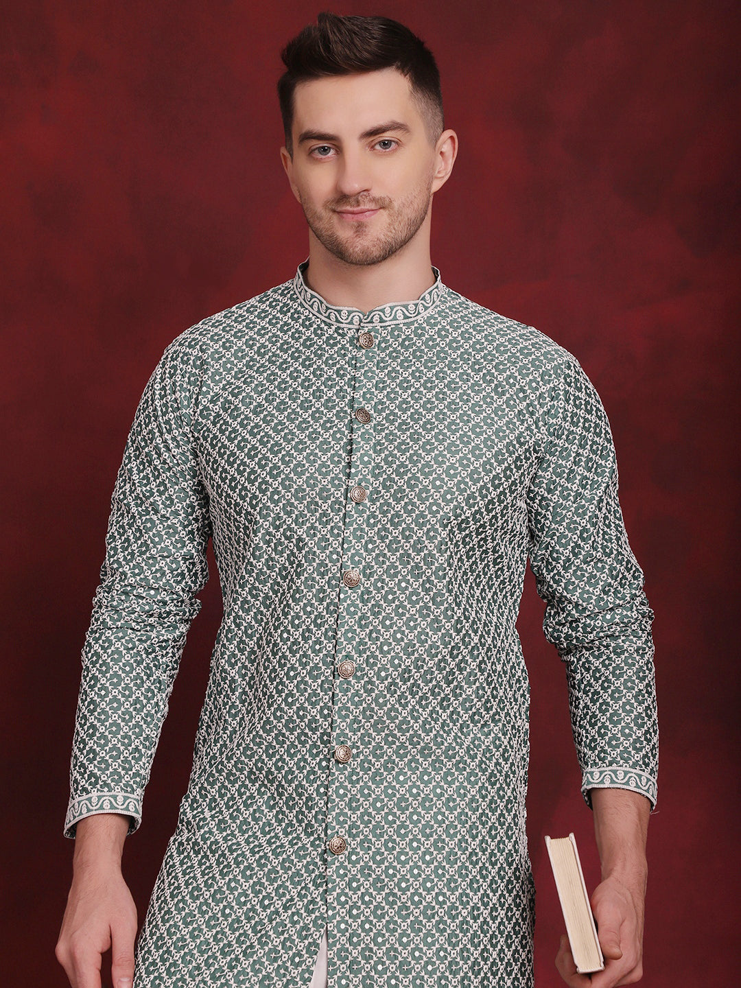 Men's Sequin Chikankari Front Open Kurta With Pyjamas - Taantav