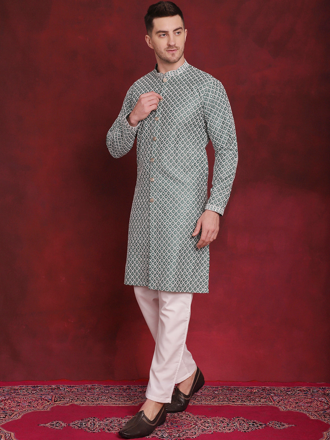 Men's Sequin Chikankari Front Open Kurta With Pyjamas - Taantav