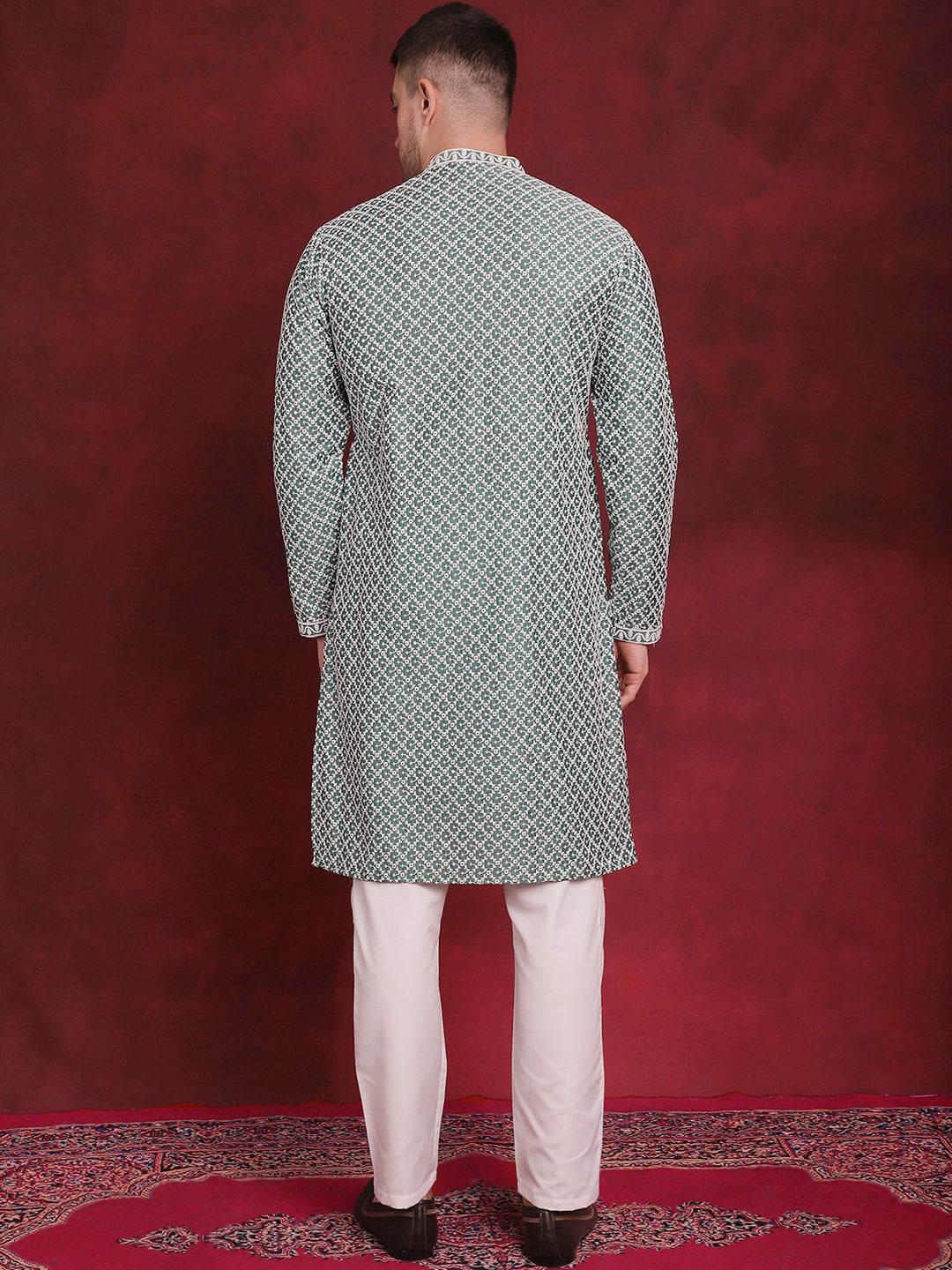 Men's Sequin Chikankari Front Open Kurta With Pyjamas - Taantav