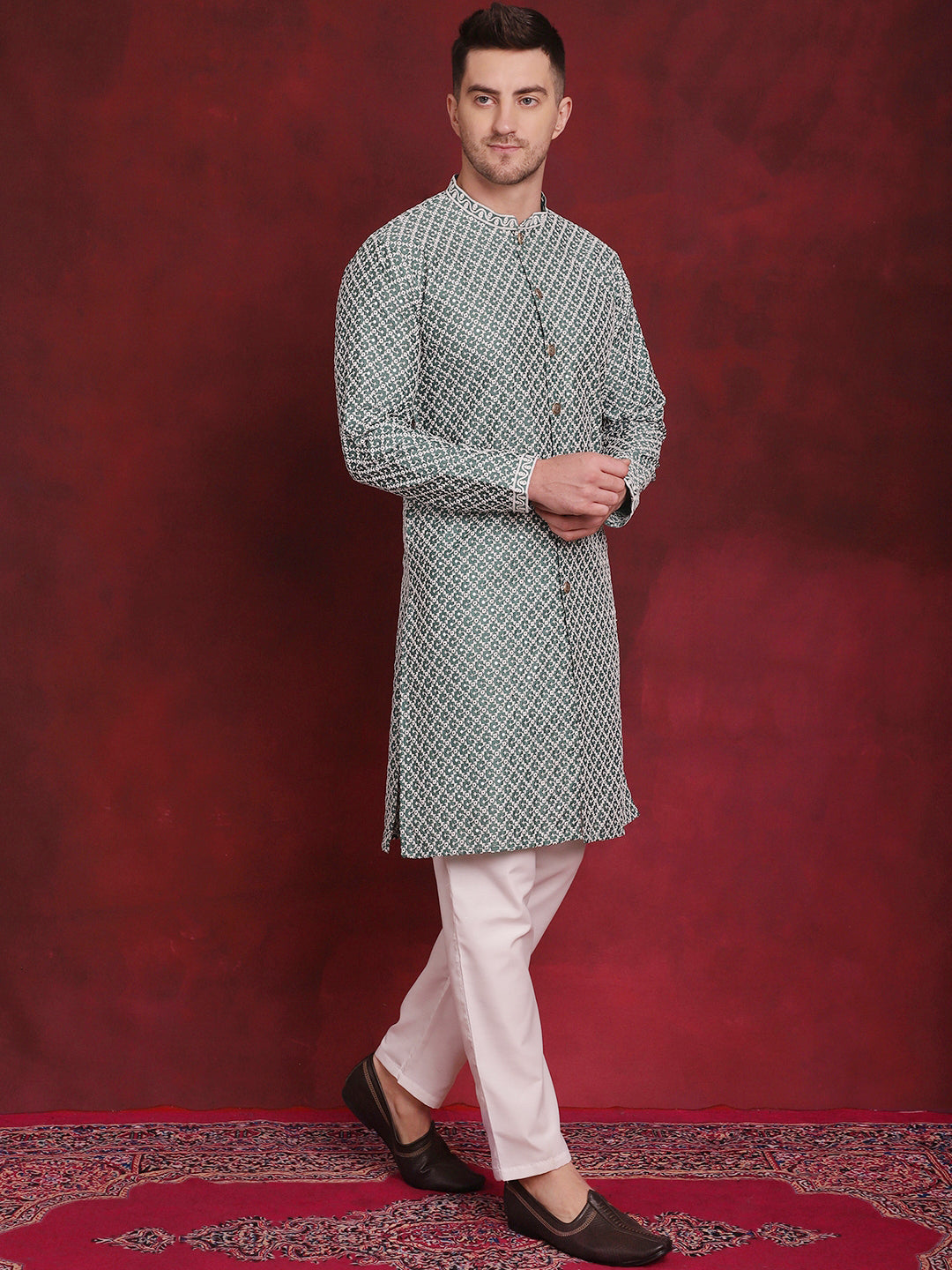 Men's Sequin Chikankari Front Open Kurta With Pyjamas - Taantav