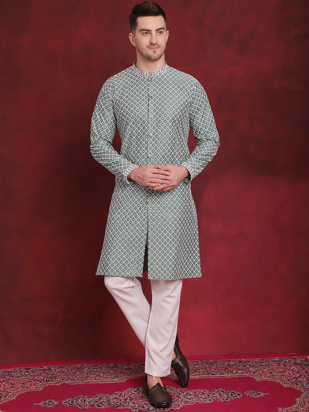 Men's Sequin Chikankari Front Open Kurta With Pyjamas - Taantav