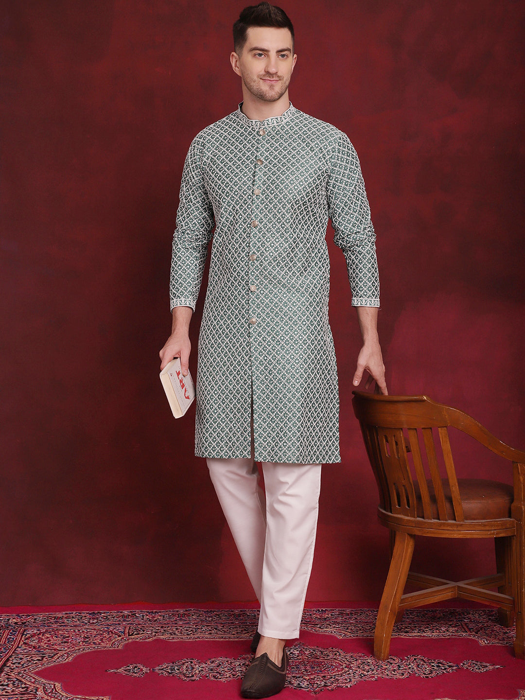 Men's Sequin Chikankari Front Open Kurta With Pyjamas - Taantav