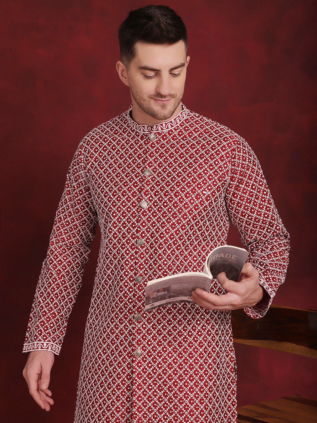 Men's Sequin Chikankari Front Open Kurta With Pyjamas - Taantav