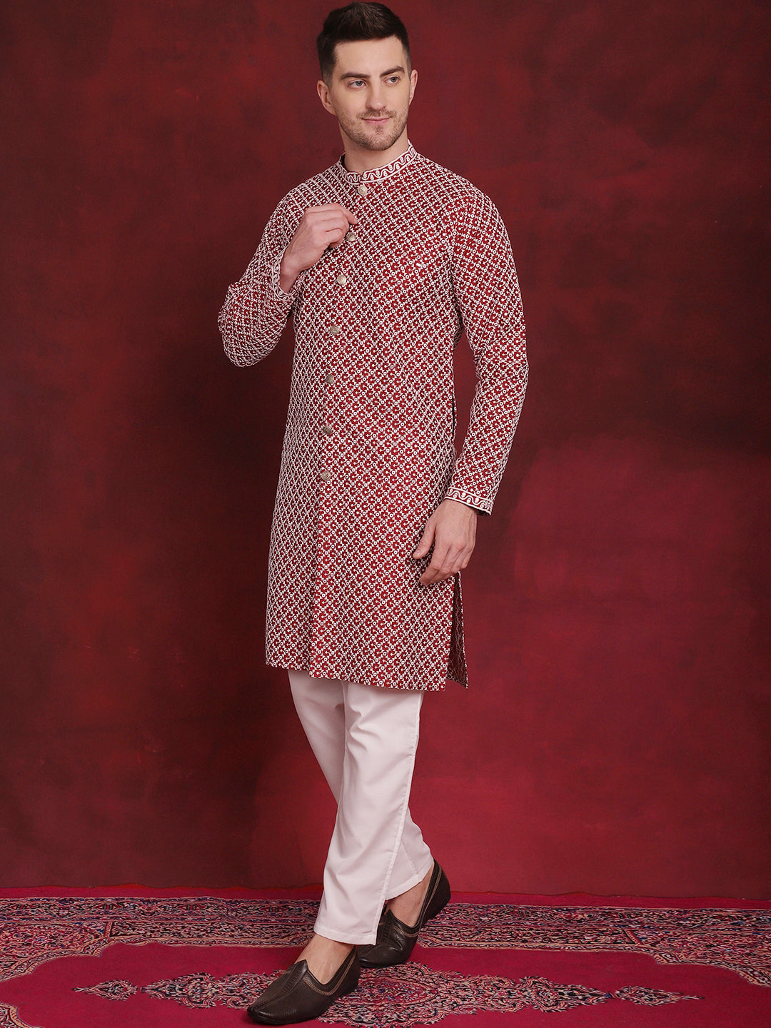 Men's Sequin Chikankari Front Open Kurta With Pyjamas