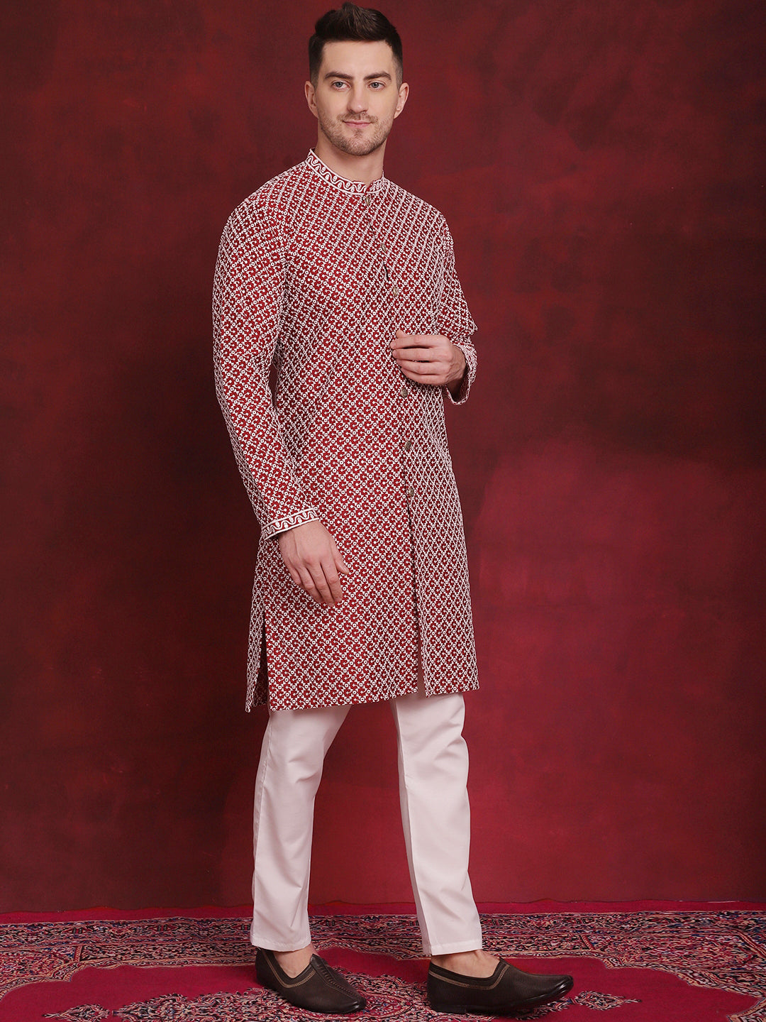 Men's Sequin Chikankari Front Open Kurta With Pyjamas - Taantav