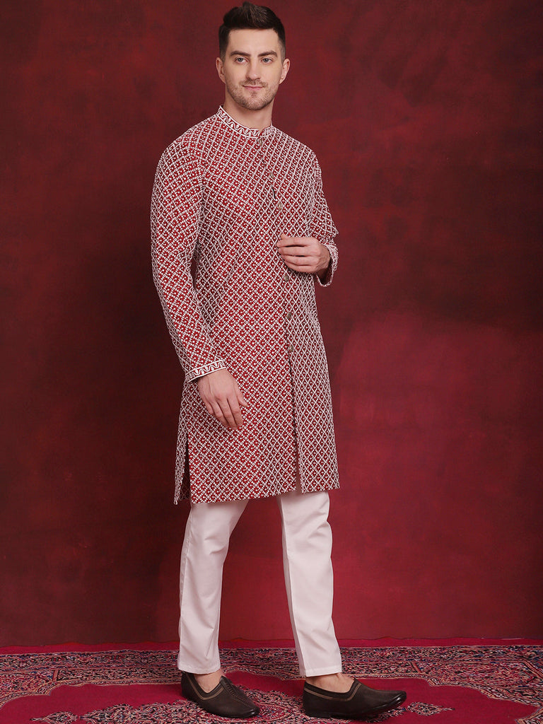 Men's Sequin Chikankari Front Open Kurta With Pyjamas