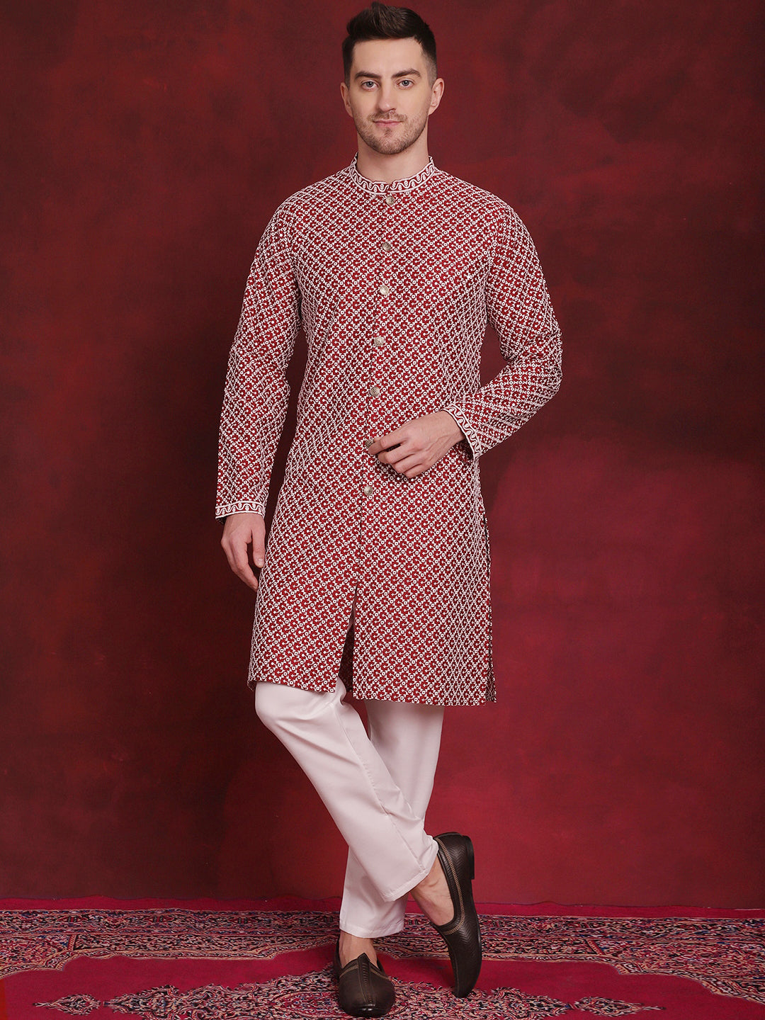 Men's Sequin Chikankari Front Open Kurta With Pyjamas - Taantav