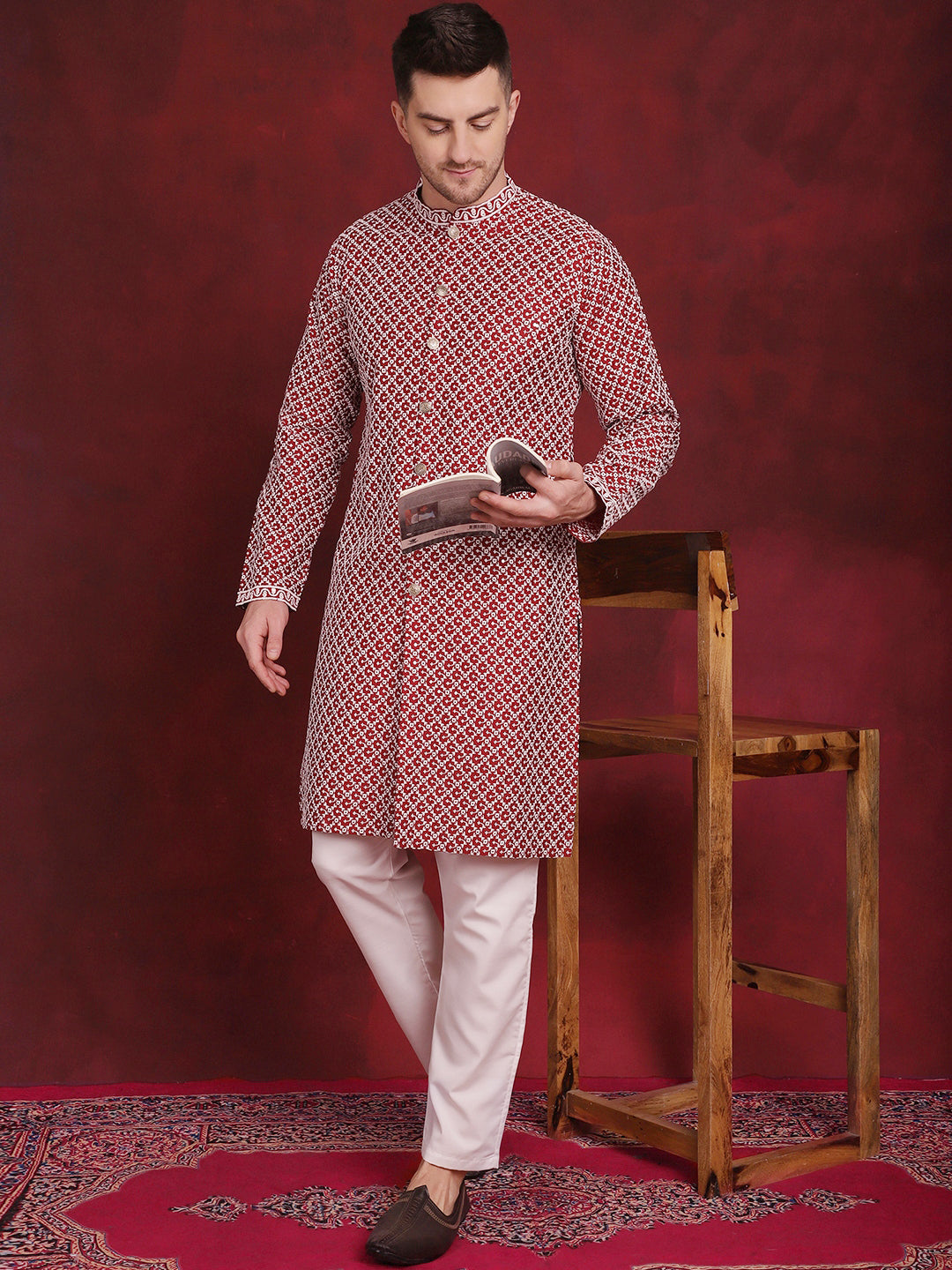 Men's Sequin Chikankari Front Open Kurta With Pyjamas - Taantav