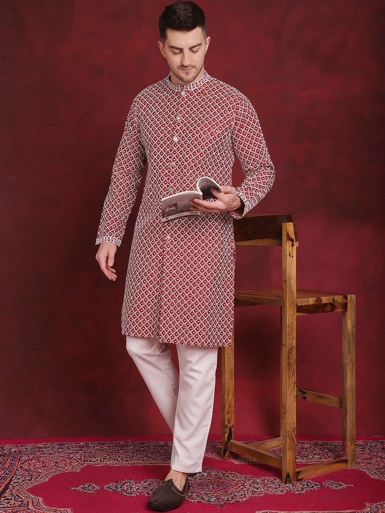 Men's Sequin Chikankari Front Open Kurta With Pyjamas