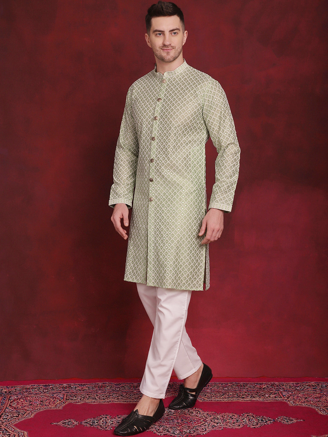 Men's Sequin Chikankari Front Open Kurta With Pyjamas - Taantav