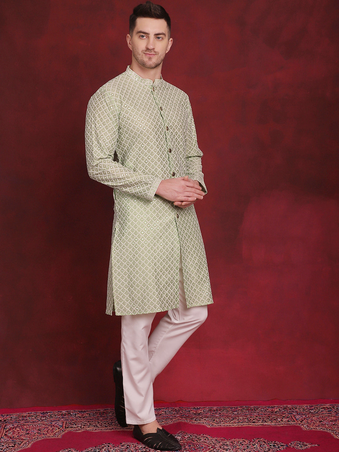 Men's Sequin Chikankari Front Open Kurta With Pyjamas - Taantav