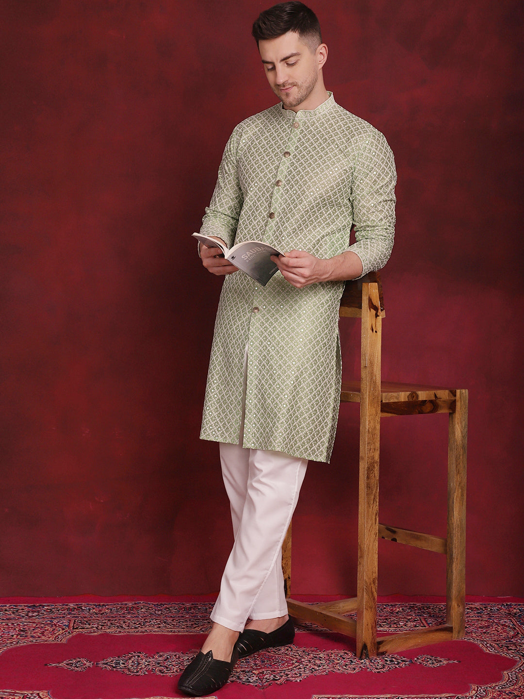 Men's Sequin Chikankari Front Open Kurta With Pyjamas - Taantav