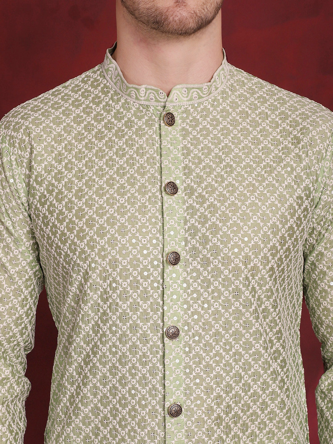 Men's Sequin Chikankari Front Open Kurta With Pyjamas - Taantav