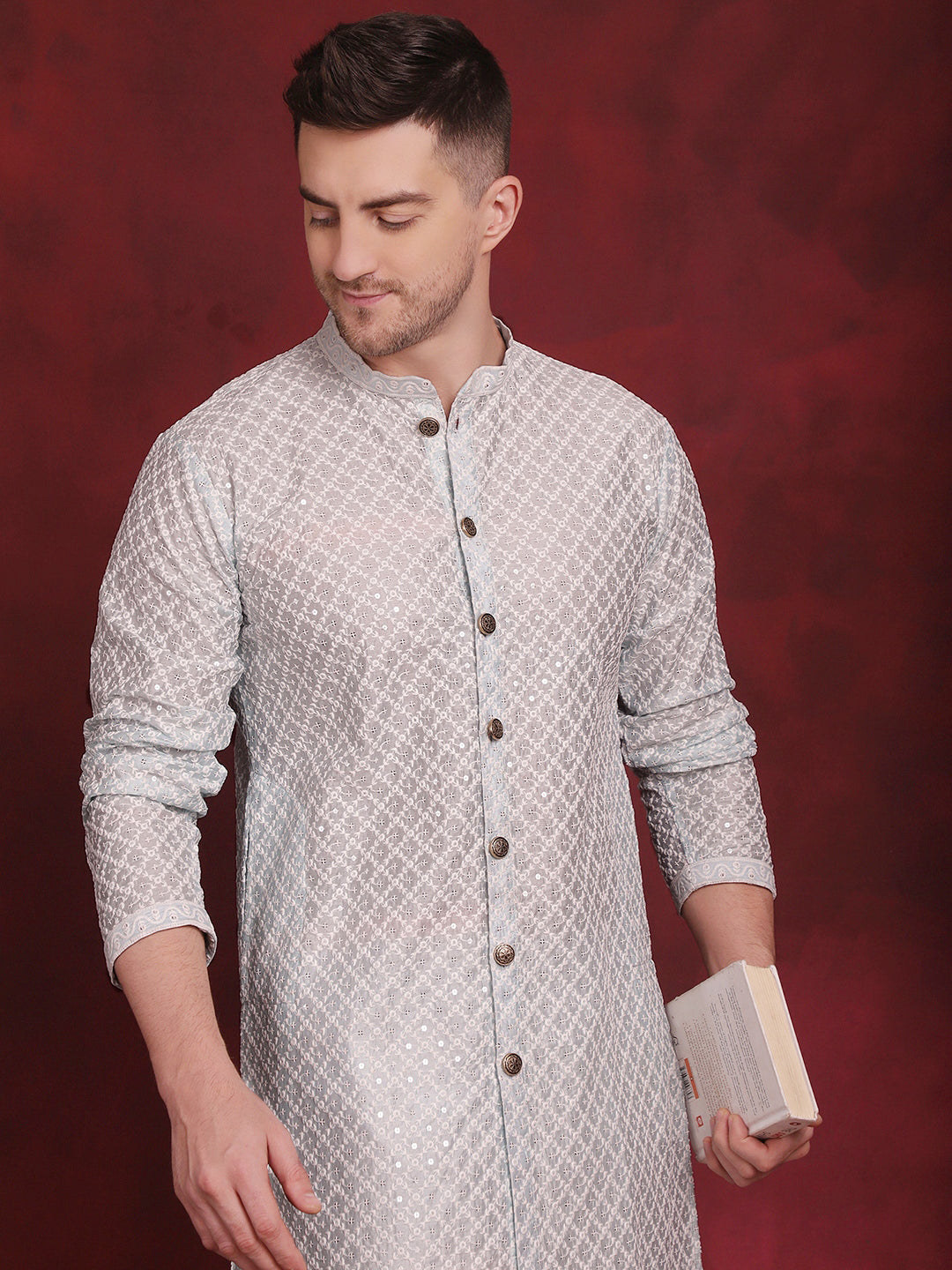 Men's Sequin Chikankari Front Open Kurta With Pyjamas - Taantav