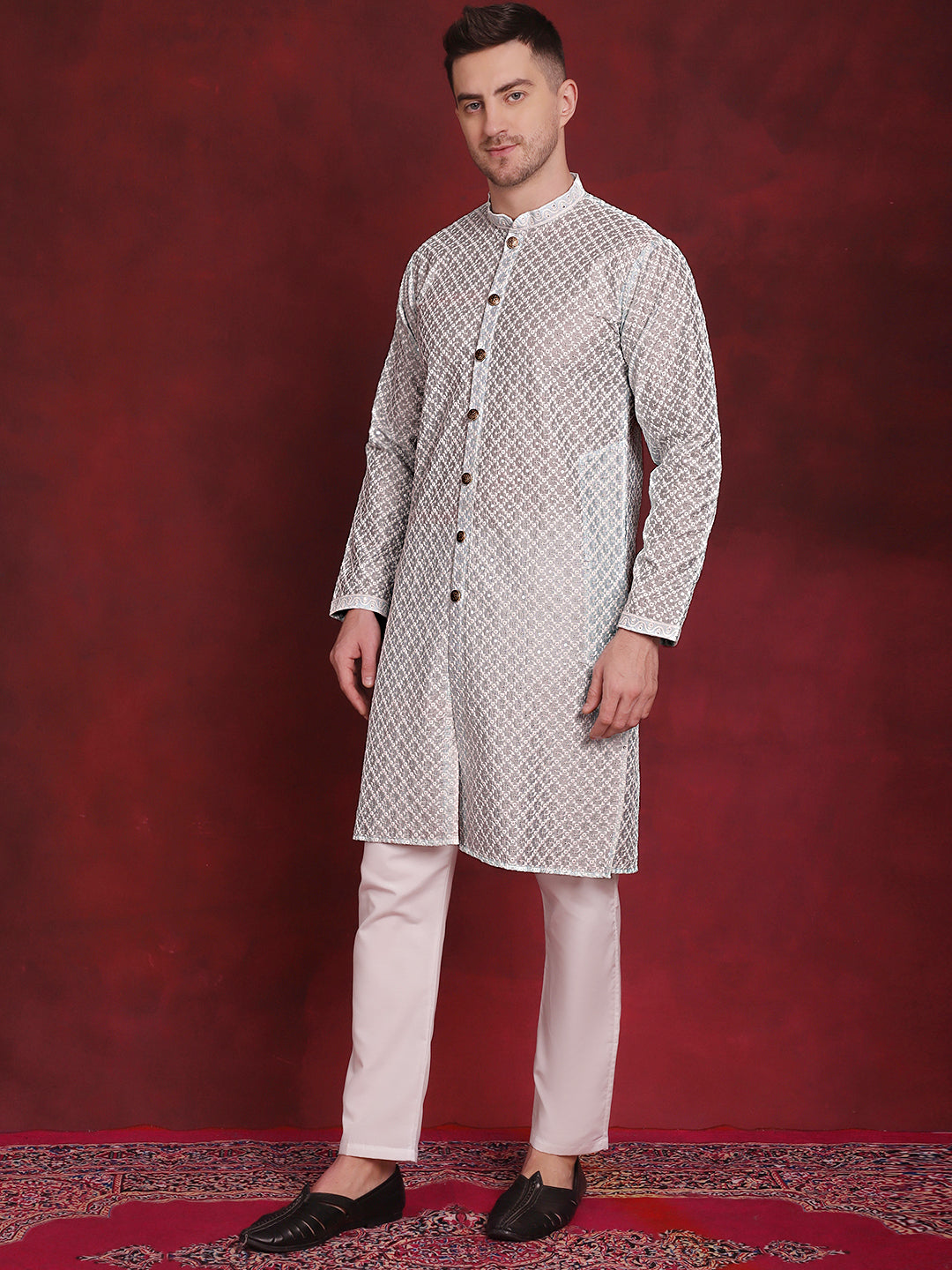 Men's Sequin Chikankari Front Open Kurta With Pyjamas - Taantav