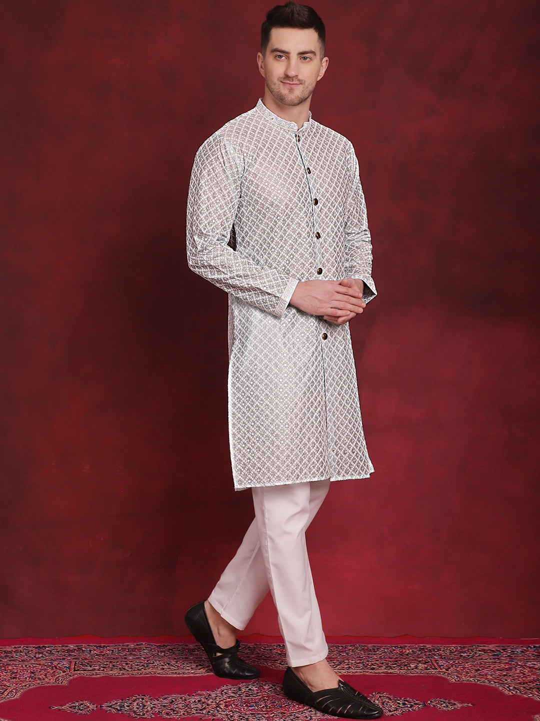 Men's Sequin Chikankari Front Open Kurta With Pyjamas - Taantav