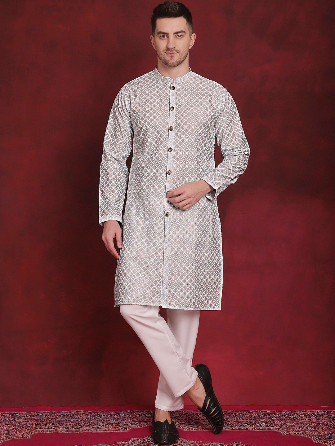 Men's Sequin Chikankari Front Open Kurta With Pyjamas - Taantav