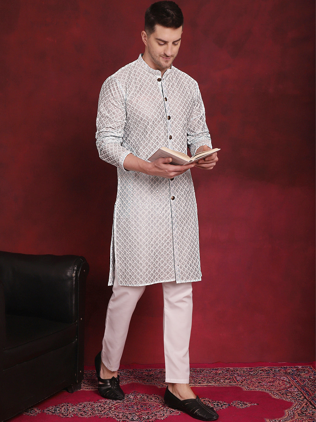 Men's Sequin Chikankari Front Open Kurta With Pyjamas - Taantav