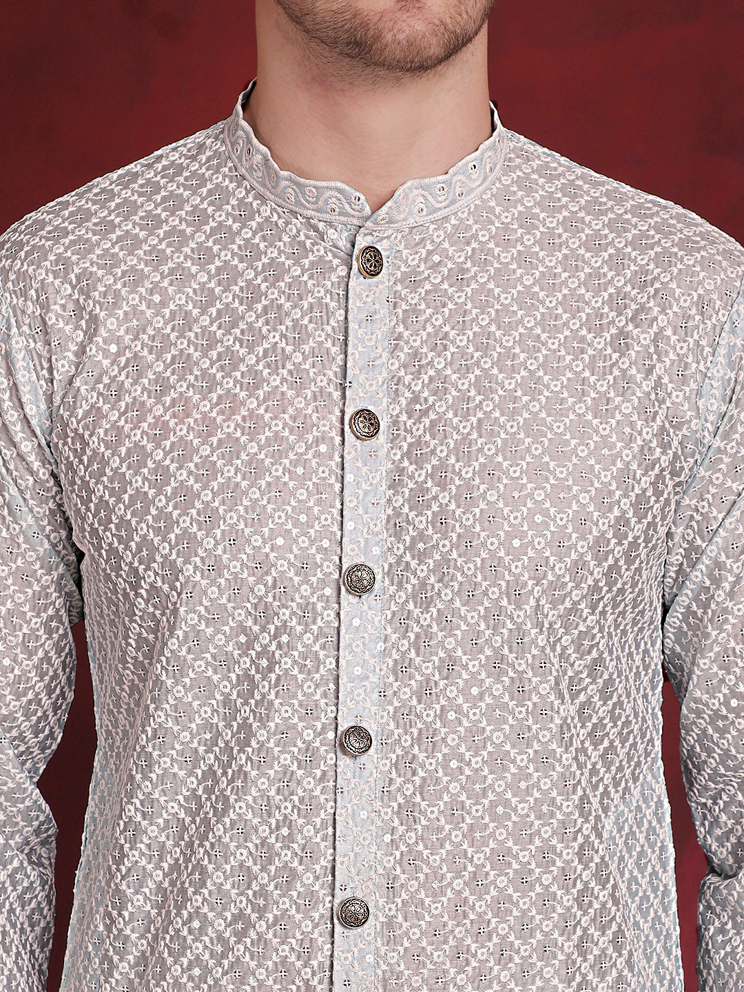 Men's Sequin Chikankari Front Open Kurta With Pyjamas - Taantav