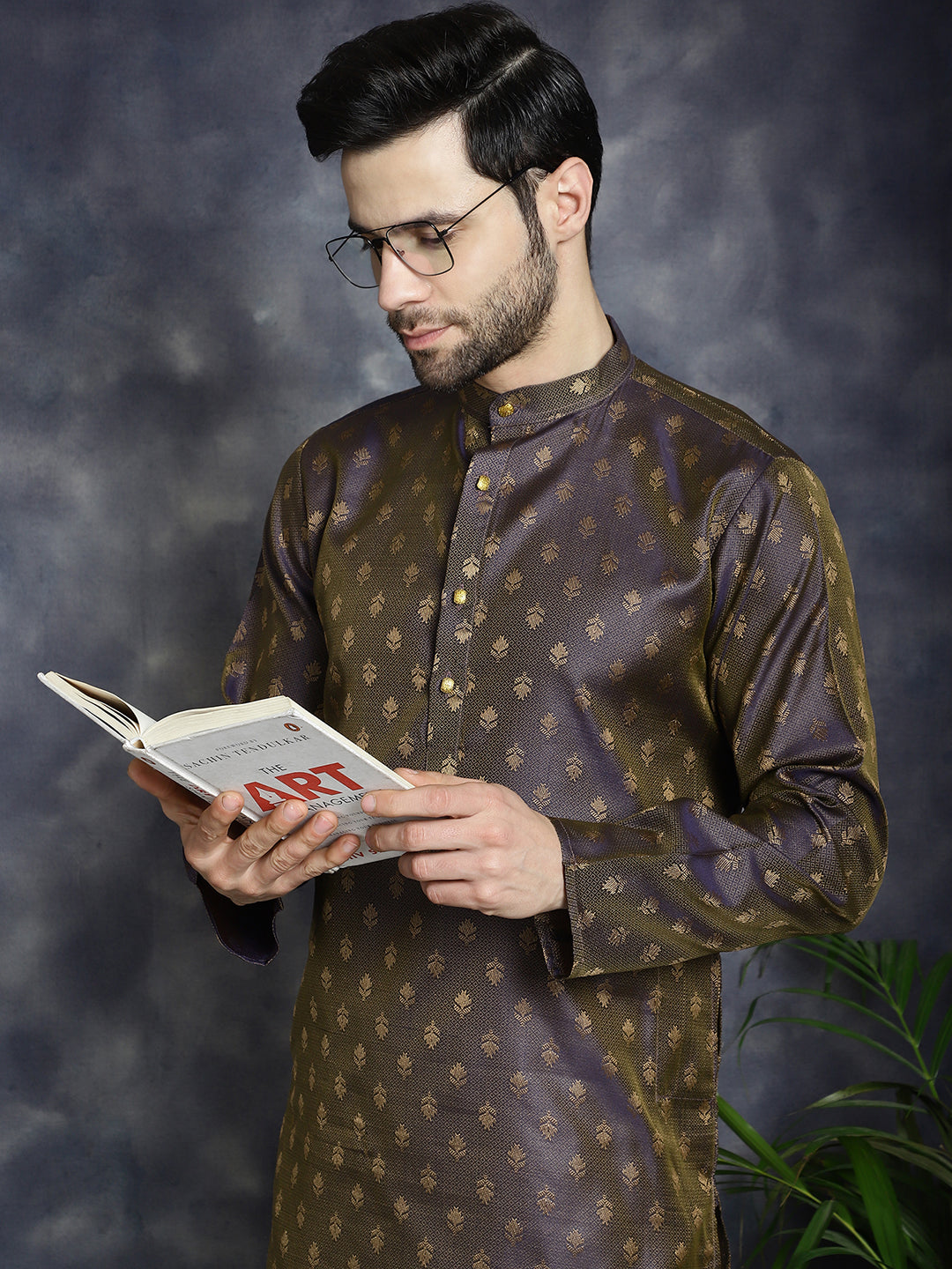 Men's Woven Design Silk Blend Kurta with Pyjama - Taantav