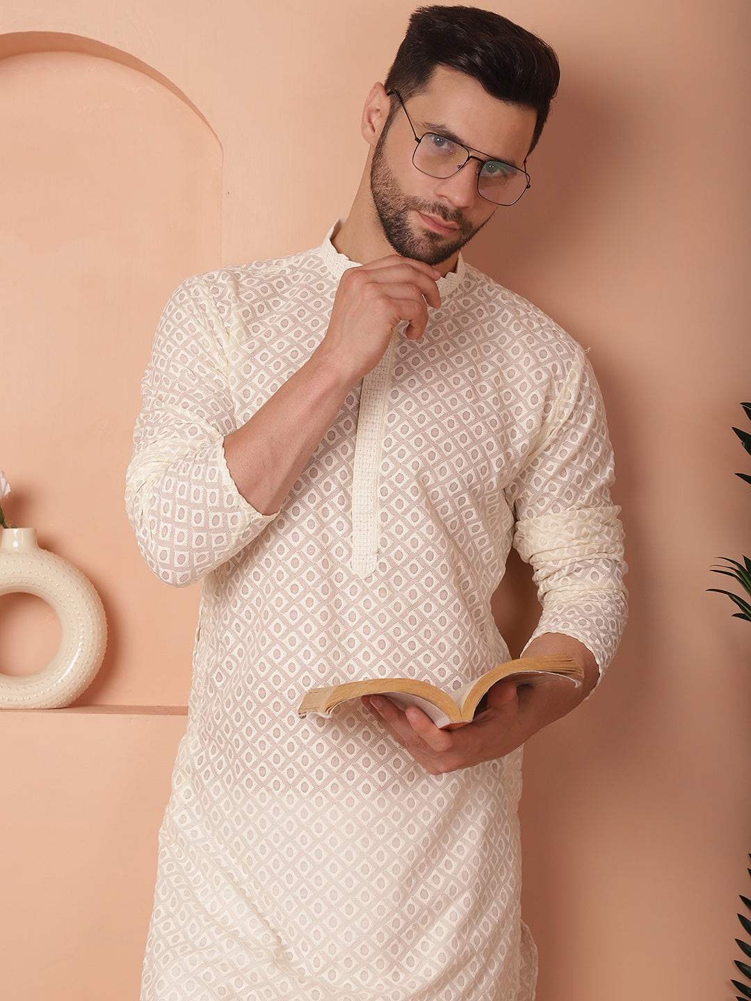 Men's Chikankari Pure Cotton Kurta with Churidar - Taantav