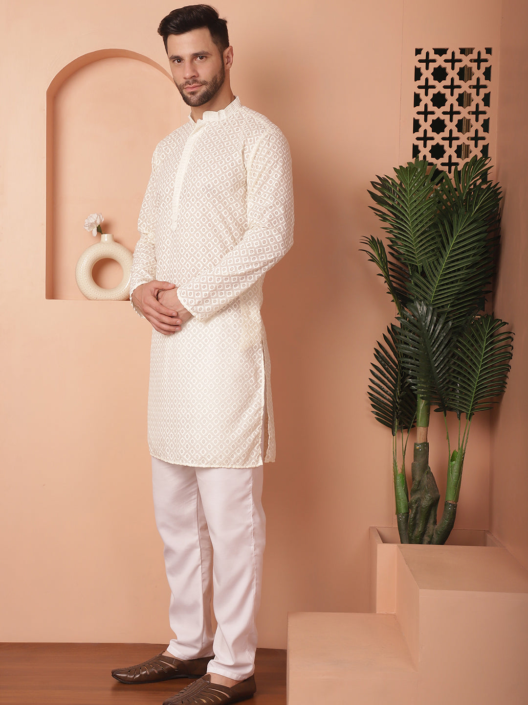 Men's Chikankari Pure Cotton Kurta with Churidar - Taantav