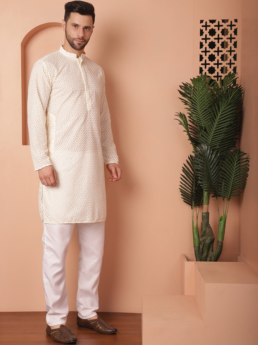 Men's Chikankari Pure Cotton Kurta with Churidar - Taantav