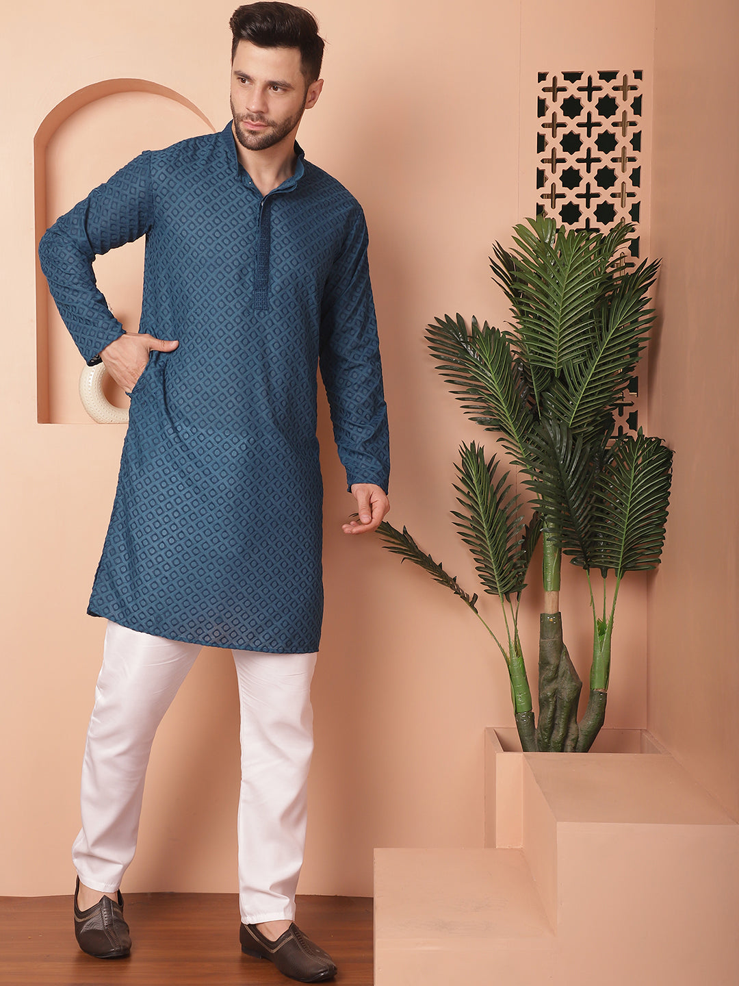 Men's Chikankari Pure Cotton Kurta with Churidar - Taantav