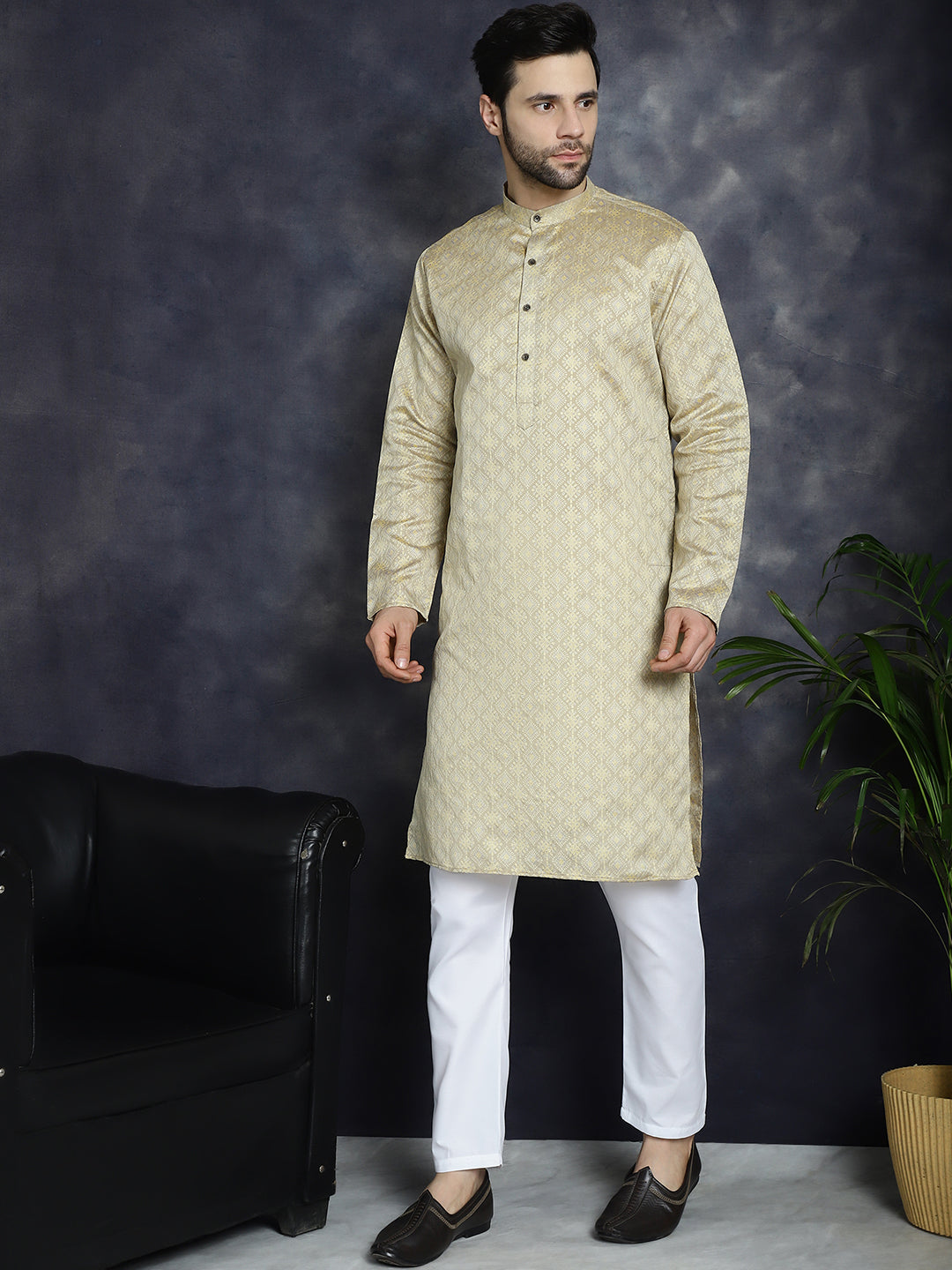 Men's Beige Woven Design Kurta with Pyjama - Taantav