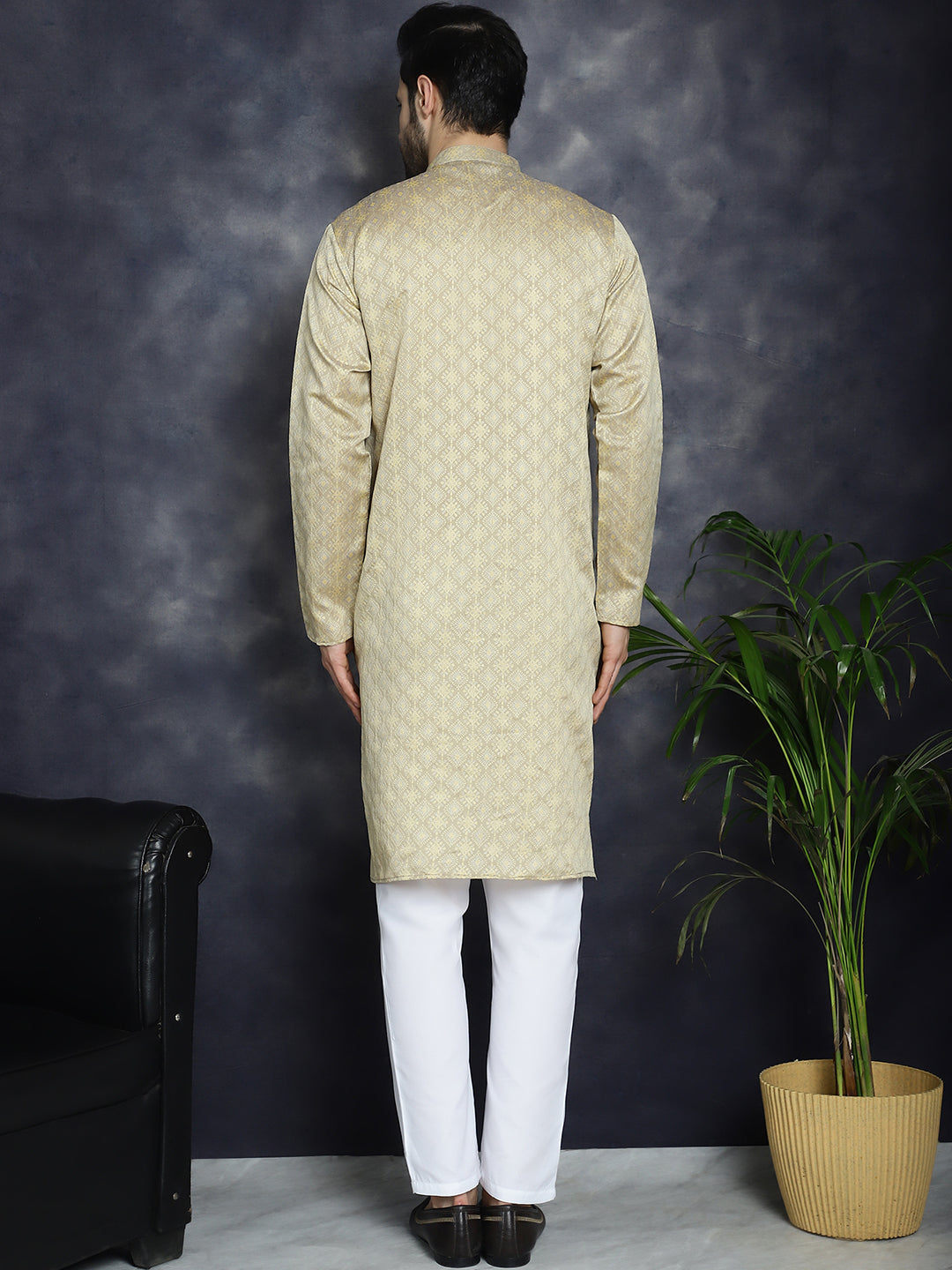 Men's Beige Woven Design Kurta with Pyjama - Taantav