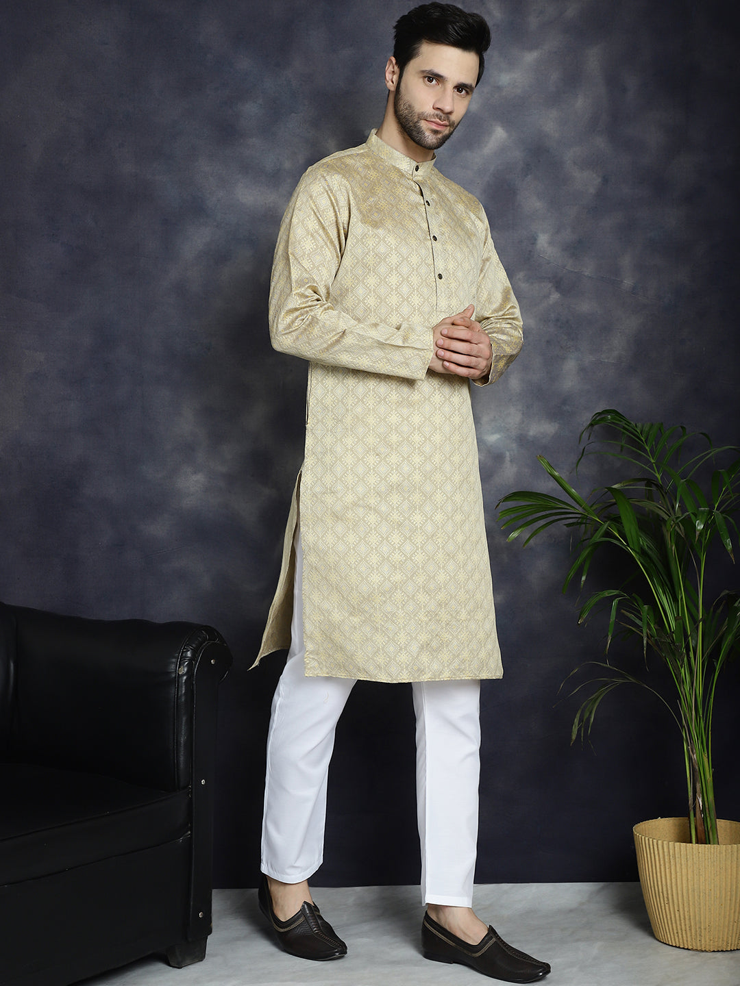 Men's Beige Woven Design Kurta with Pyjama - Taantav