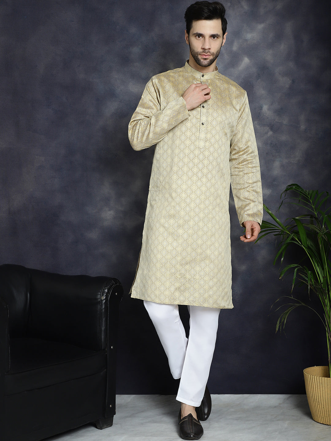 Men's Beige Woven Design Kurta with Pyjama - Taantav