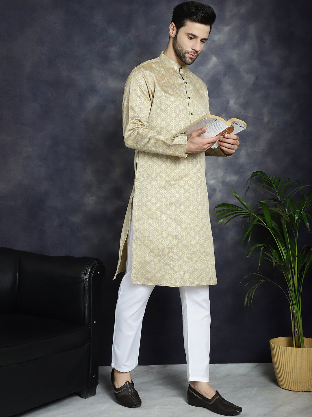 Men's Beige Woven Design Kurta with Pyjama - Taantav