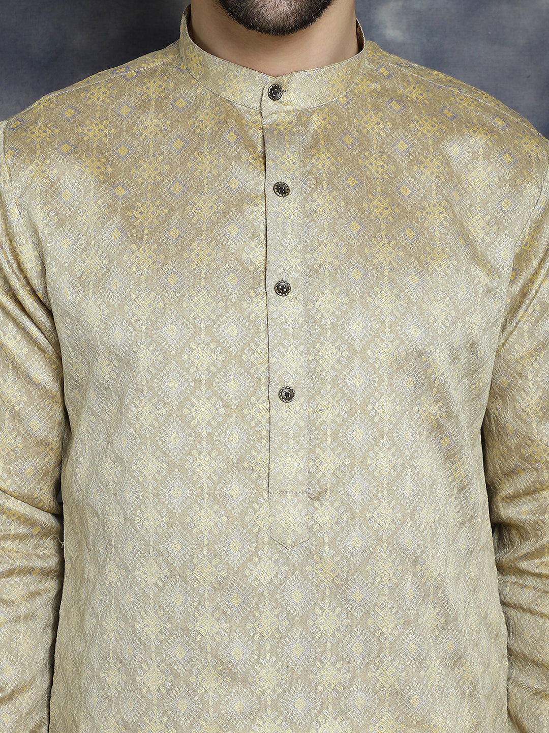 Men's Beige Woven Design Kurta with Pyjama - Taantav