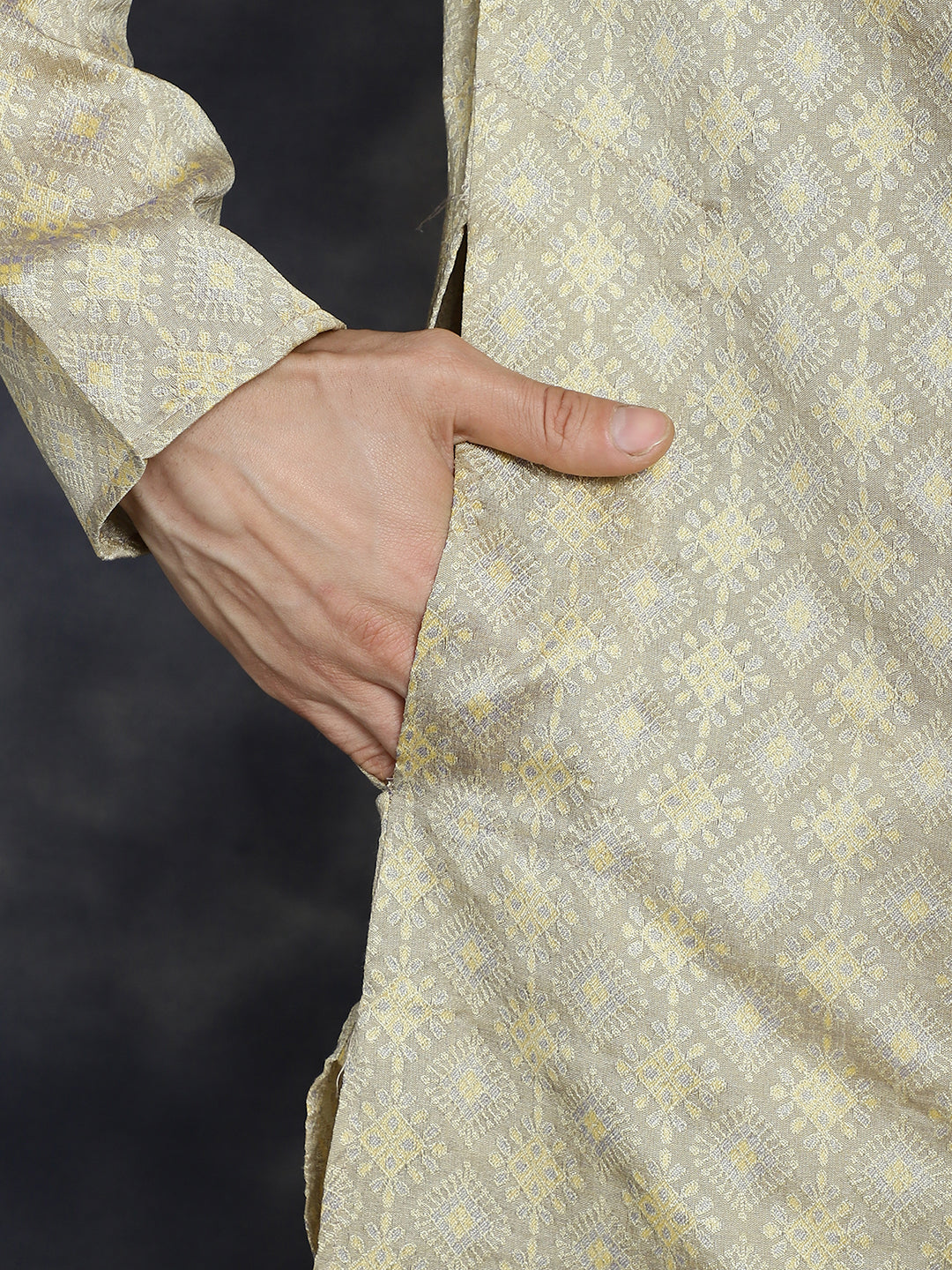 Men's Beige Woven Design Kurta with Pyjama - Taantav