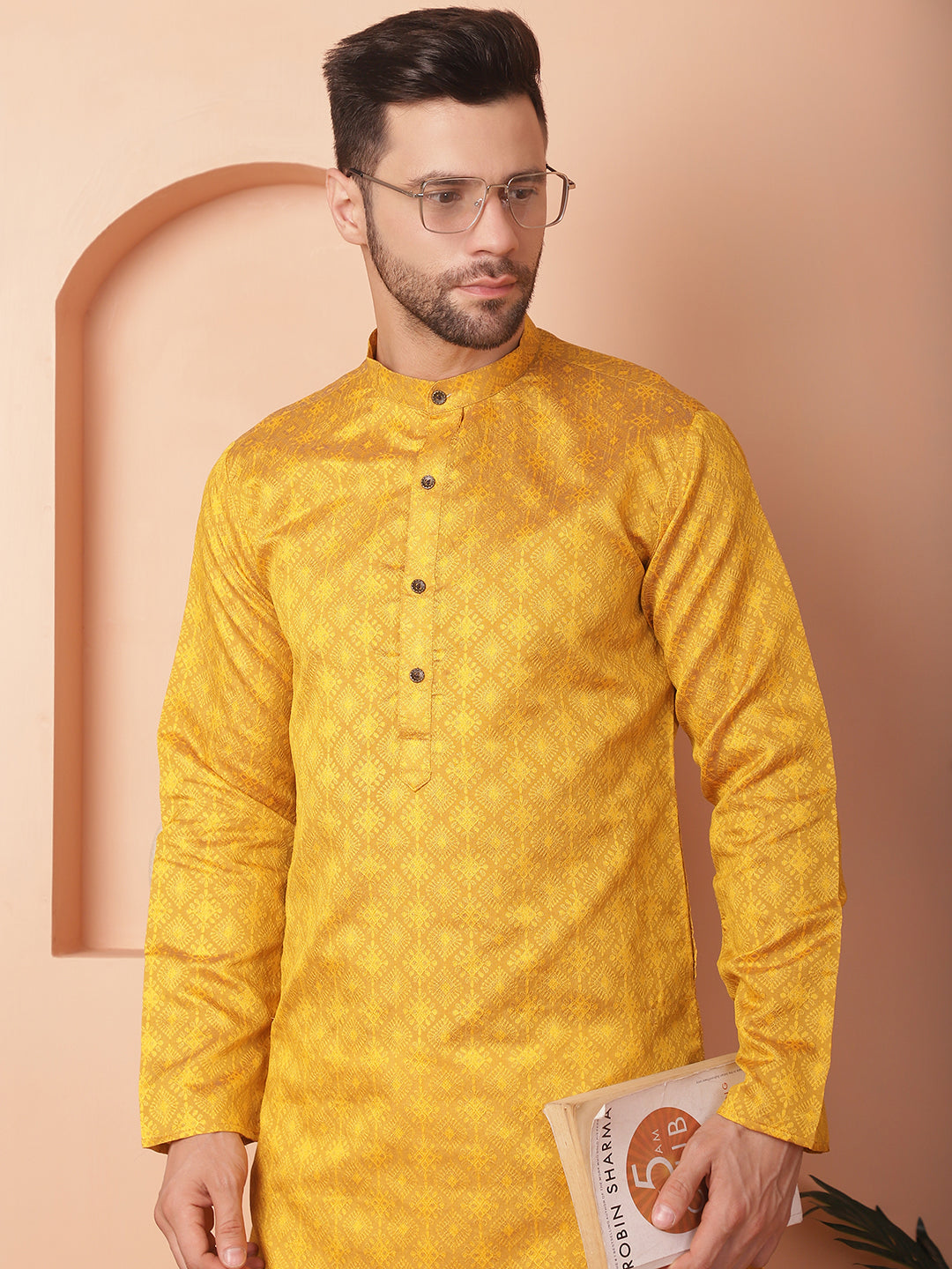 Men's Woven Design Silk Blend Kurta with Pyjama - Taantav