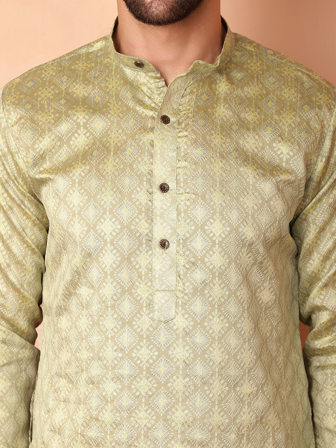 Men's Woven Design Silk Blend Kurta with Pyjama - Taantav