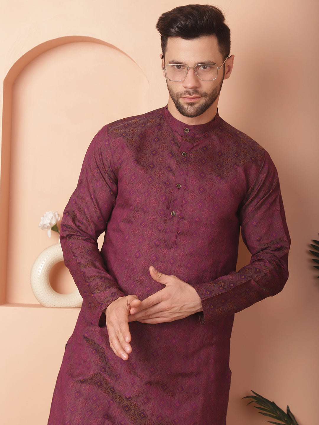 Men's Woven Design Silk Blend Kurta with Pyjama - Taantav