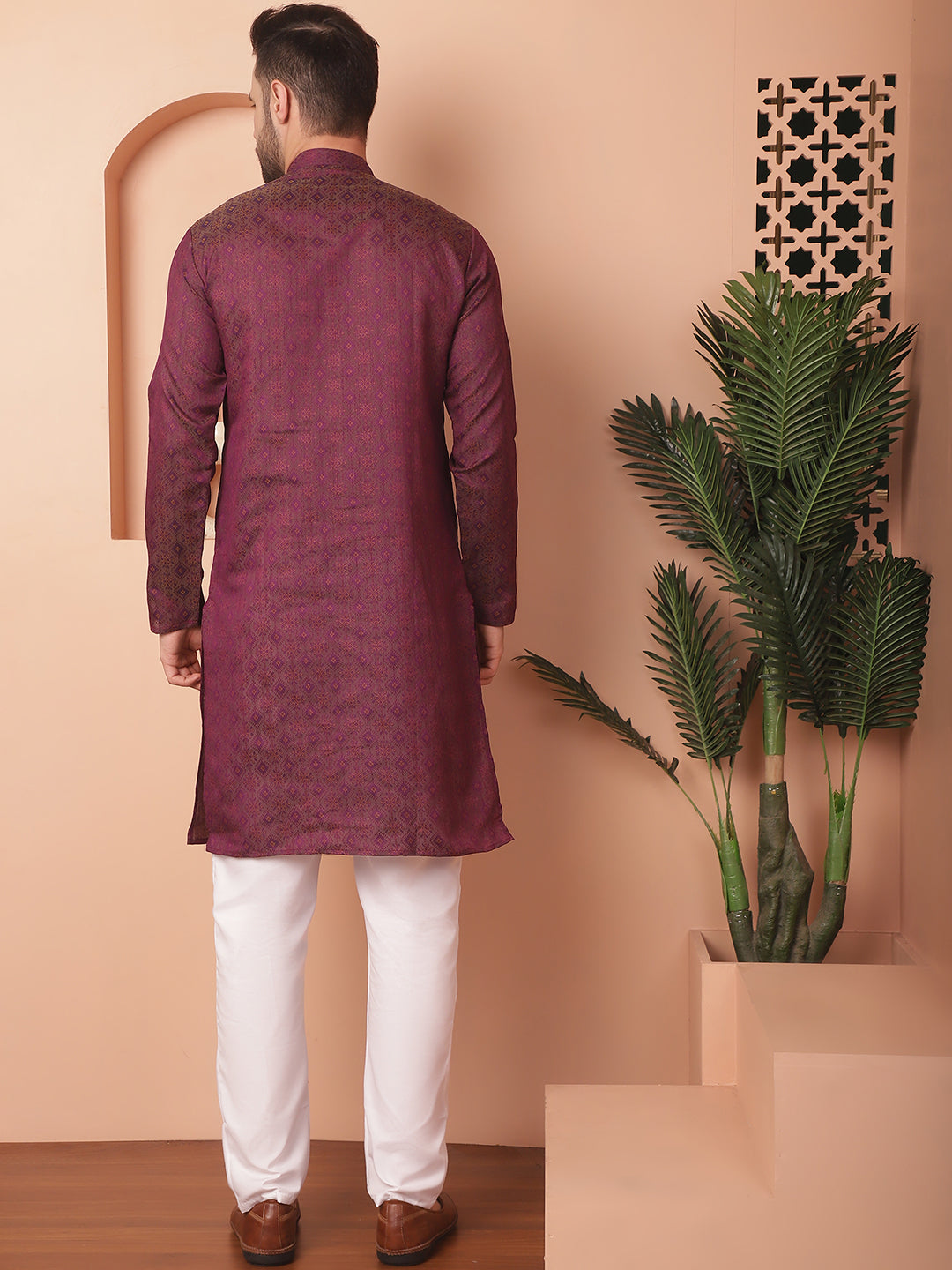 Men's Woven Design Silk Blend Kurta with Pyjama - Taantav