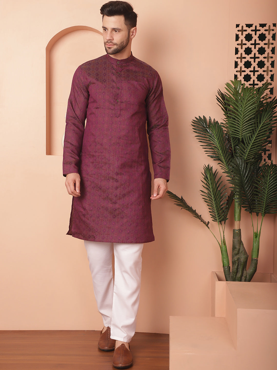 Men's Woven Design Silk Blend Kurta with Pyjama - Taantav