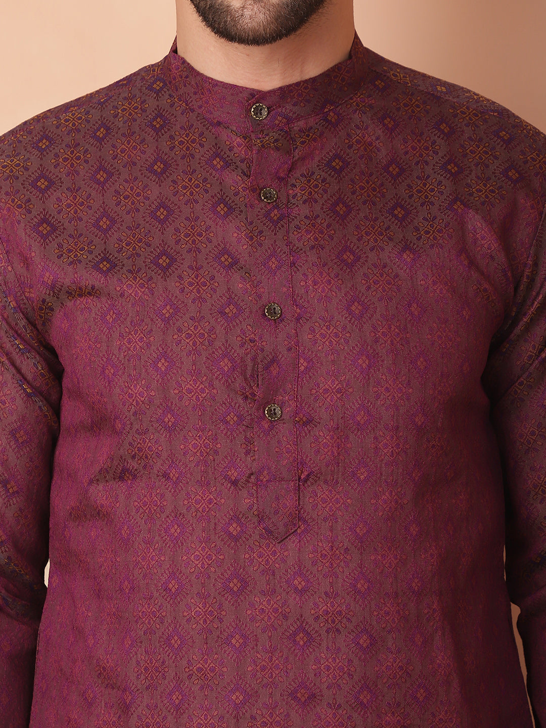 Men's Woven Design Silk Blend Kurta with Pyjama - Taantav