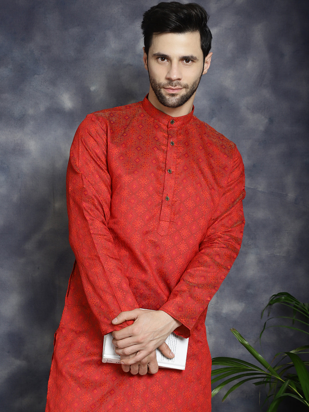 Men's Red Woven Design Kurta with Pyjama - Taantav