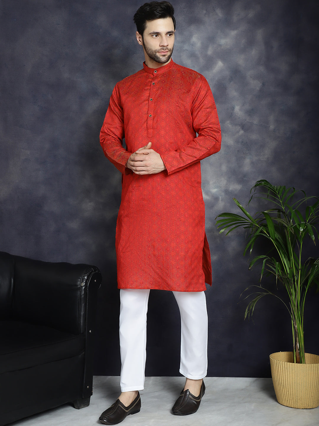 Men's Red Woven Design Kurta with Pyjama - Taantav