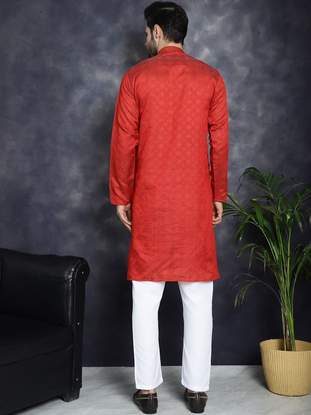 Men's Red Woven Design Kurta with Pyjama - Taantav