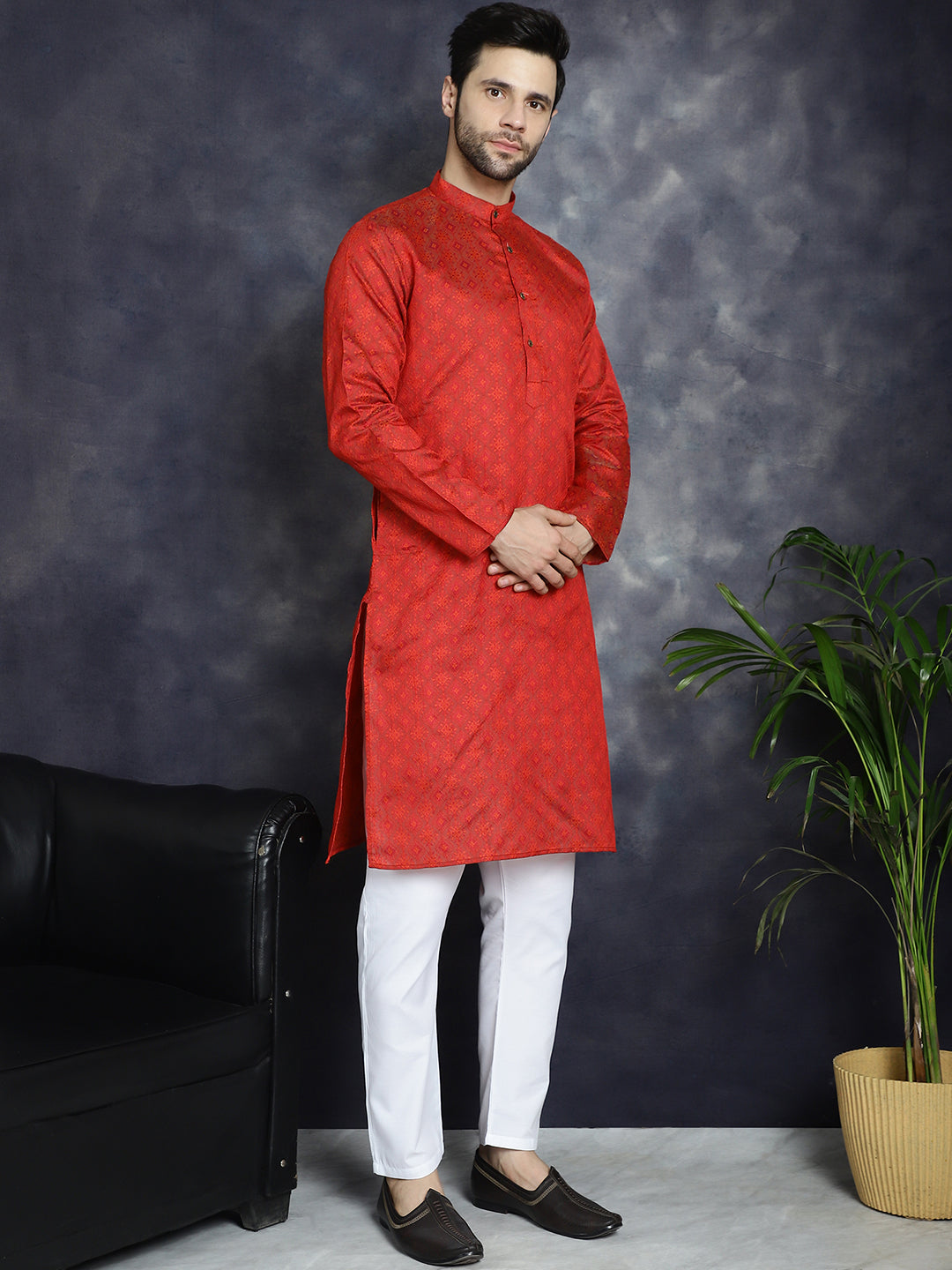 Men's Red Woven Design Kurta with Pyjama - Taantav