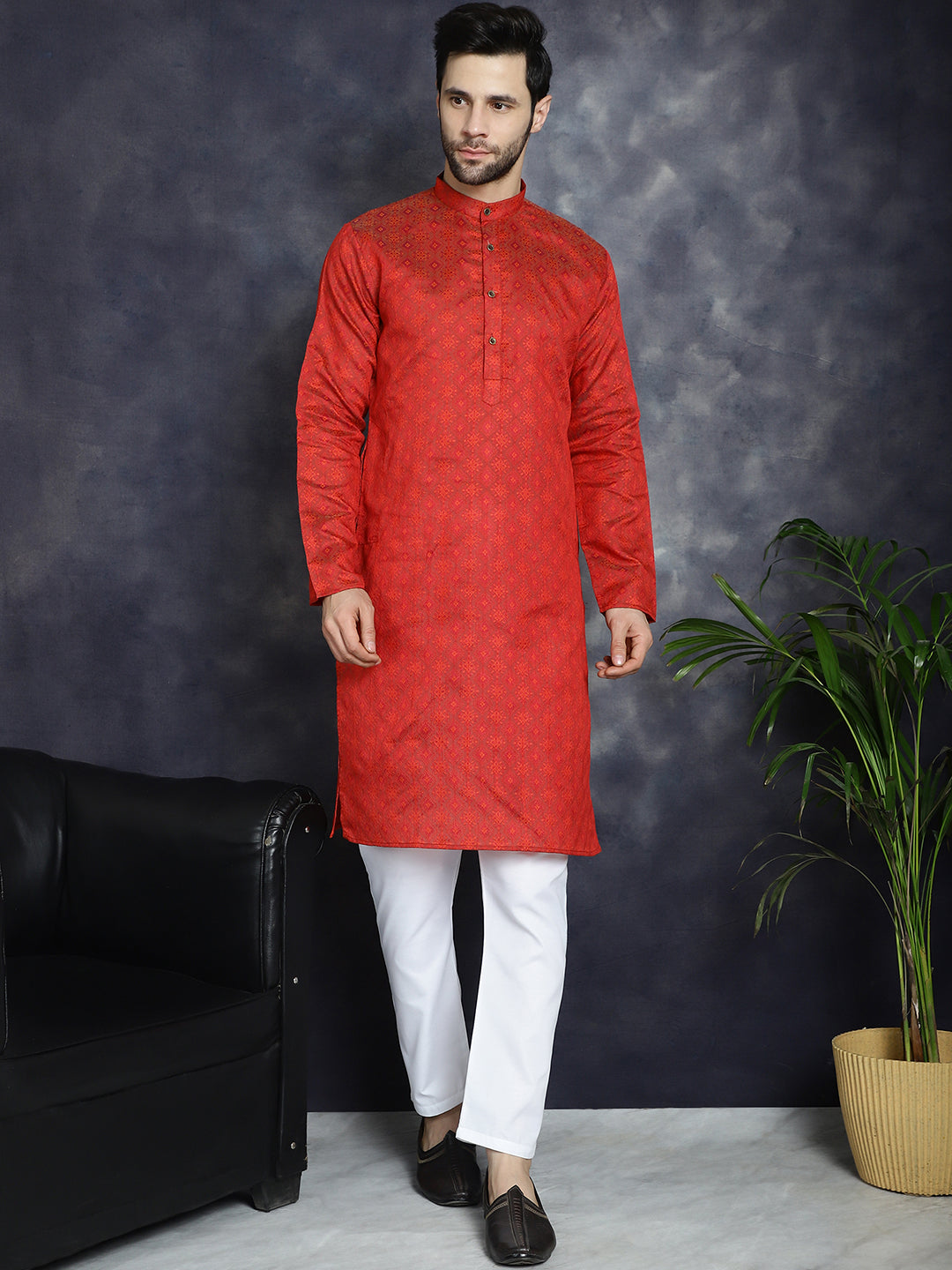 Men's Red Woven Design Kurta with Pyjama - Taantav