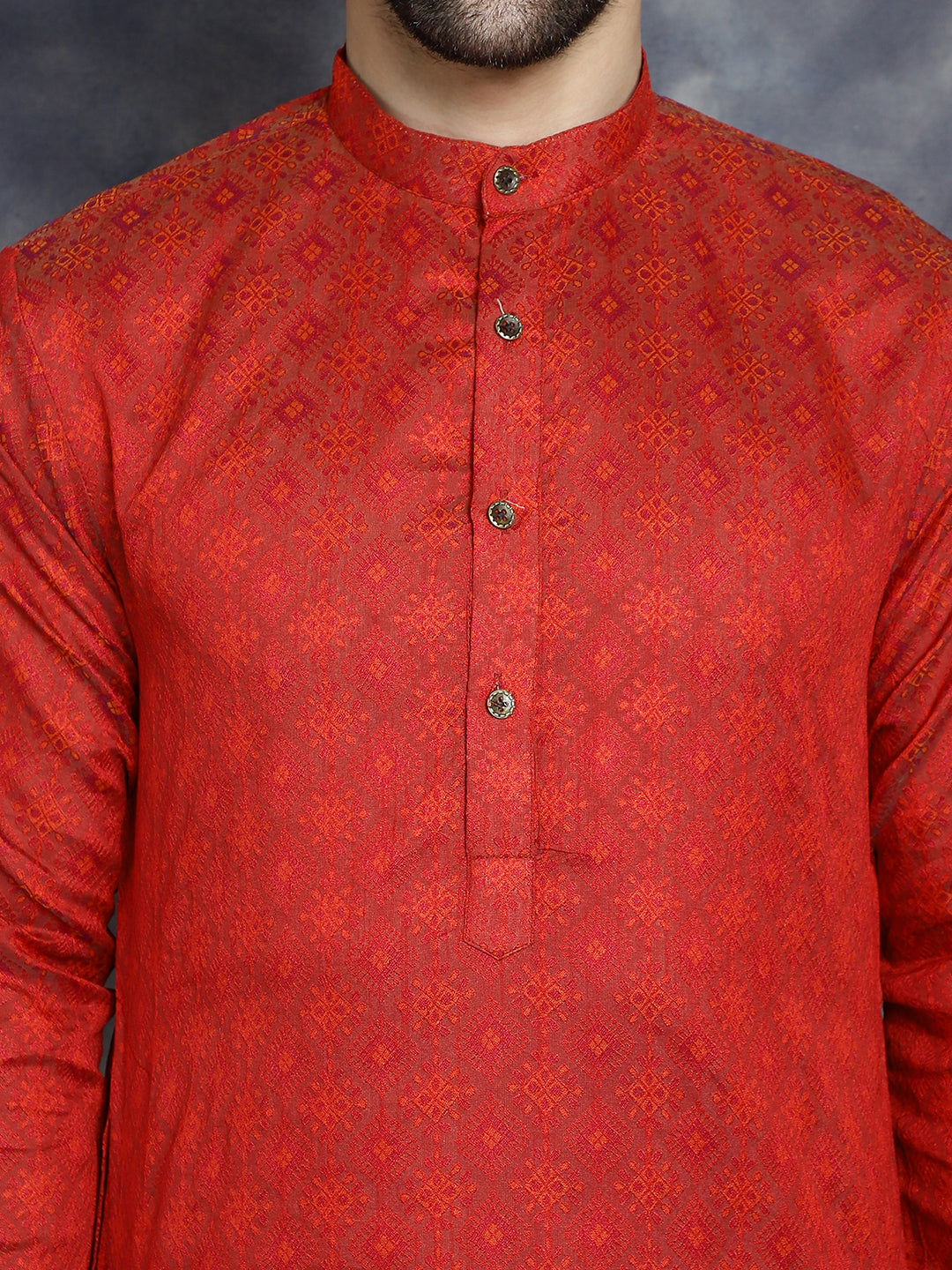 Men's Red Woven Design Kurta with Pyjama - Taantav